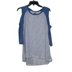 Umgee Cold Shoulder T-Shirt Size Small‎ Blue White Striped Cotton Blend Womens